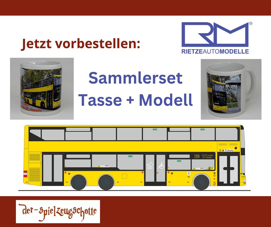 Set: Tasse + Modellbus (Rietze 67697): Letzter MAN DL07 Doppeldecker BVG Berlin
